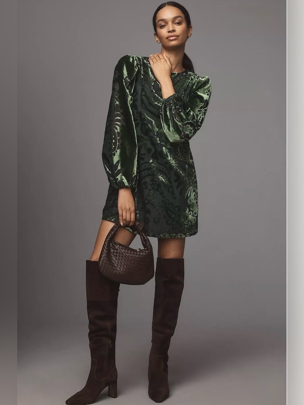 FARM Rio Deep Green Velvet Paisley Mini Dress